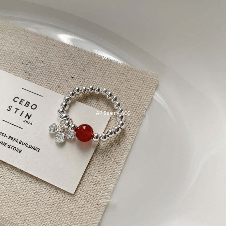 C廠-新中式古風大象小象小魚福袋蝴蝶結錢幣紅瑪瑙S925純銀彈力戒指「1520-1527」25.11-3