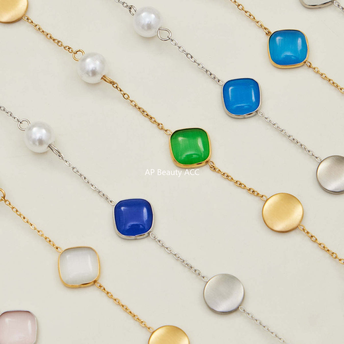 B廠-不鏽鋼貓眼石多色手工串膠珠鎖骨項鍊鍍18k真金質感女款珠寶首飾「P822」25.12-2