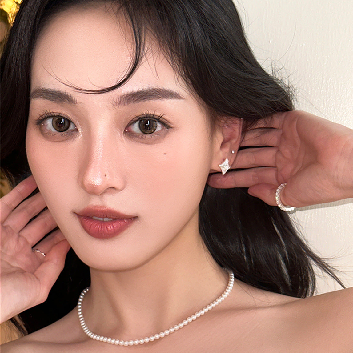 C廠-925銀針幾何四芒星耳釘女輕奢高級感鋯石耳環小眾時尚精緻耳飾「EH-3812」25.07-2