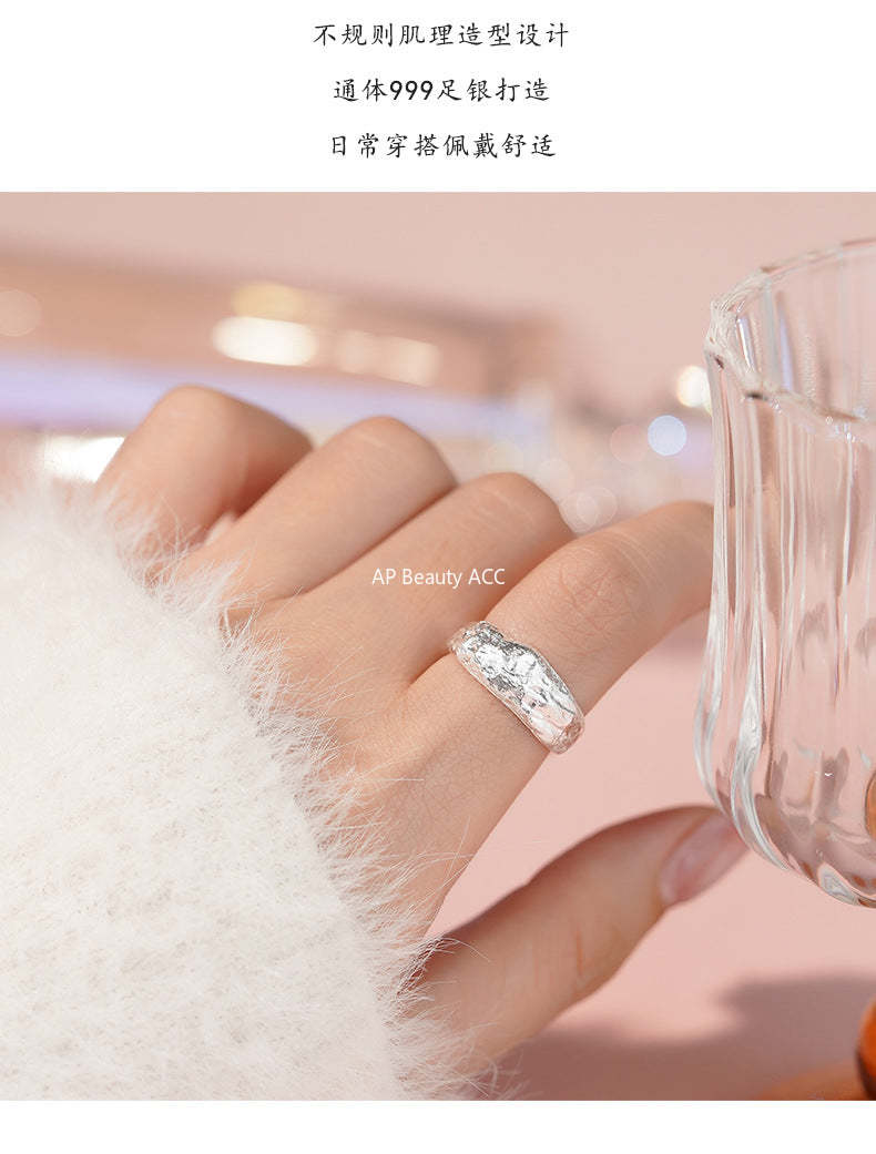 D廠-足銀S999錘紋戒指磨砂時尚冷淡風溫柔疊戴清新小眾個性手飾開口戒「YC4555R_1」25.12-1