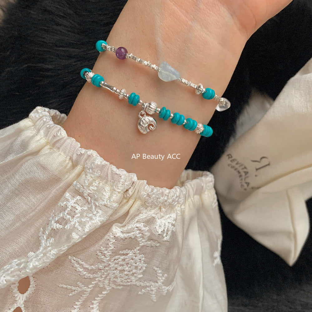 C廠-國朝新中式古風吉祥大象小象鋁鎂礦仿綠松石天然石S925純銀手鍊「1547-1548」25.11-2