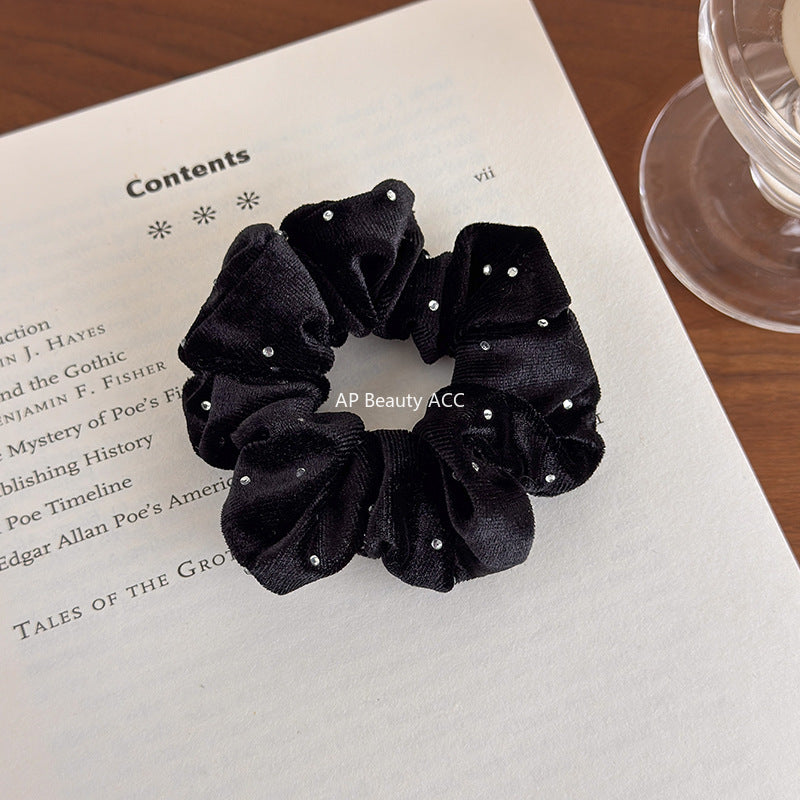 E廠-秋冬高級感韓系黑色絲絨燙鑽大腸髮圈百搭實用馬尾髮繩復古髮飾女「27641」25.11-1