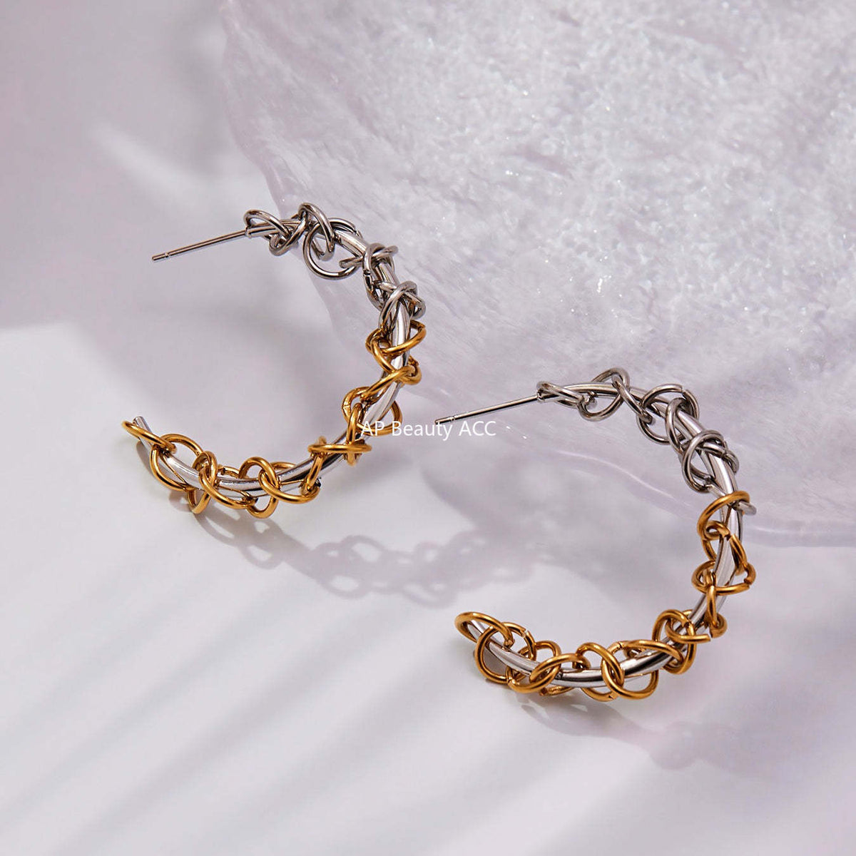 B廠-不鏽鋼嘻哈環扣纏繞C型拼色間電耳環歐美小眾耳飾鍍18k真金「F677」25.10-5