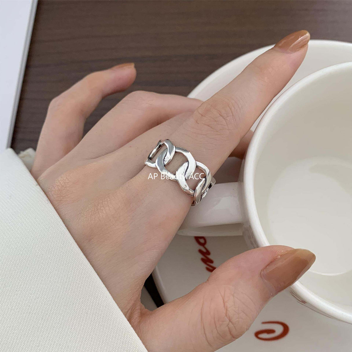 F廠-韓國韓版S925純銀簡約 個性復古泰銀 寬鎖鏈方條開口戒指指環「J549」25.12-2