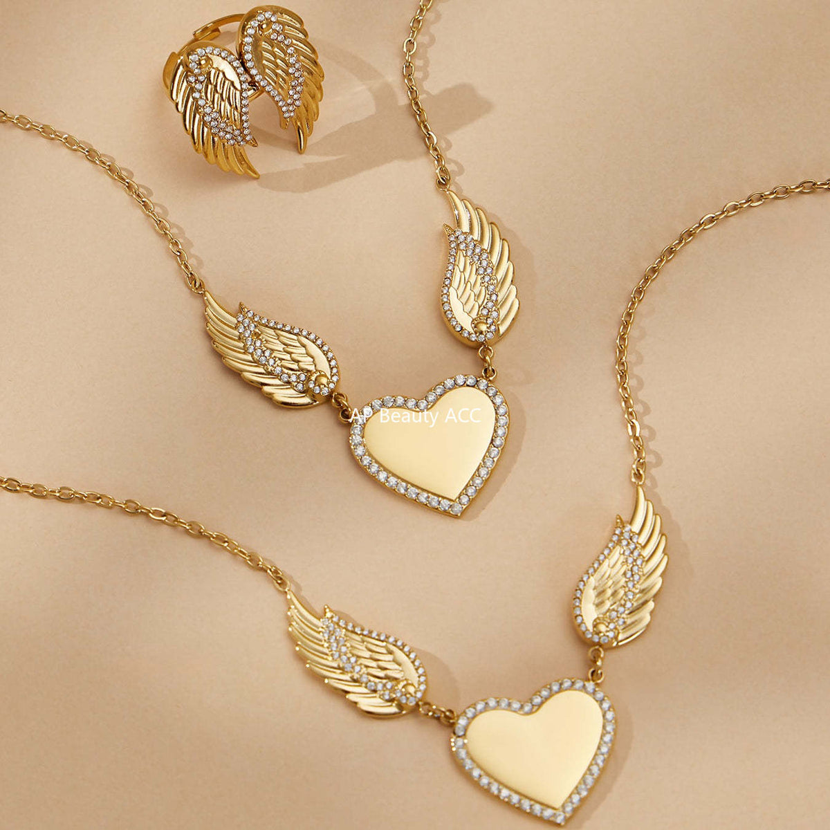 B廠-不鏽鋼5A鋯石愛心翅膀吊墜項鍊羽翼開口戒指套裝鍍18k真金不掉色「TXP523」25.12-3