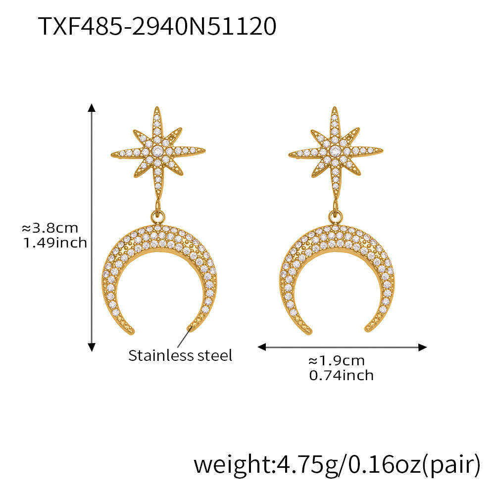 B廠-歐美熱銷新品不鏽鋼5A鋯石八芒星月牙吊墜耳環項鍊首飾套裝「TXP485」25.11-4