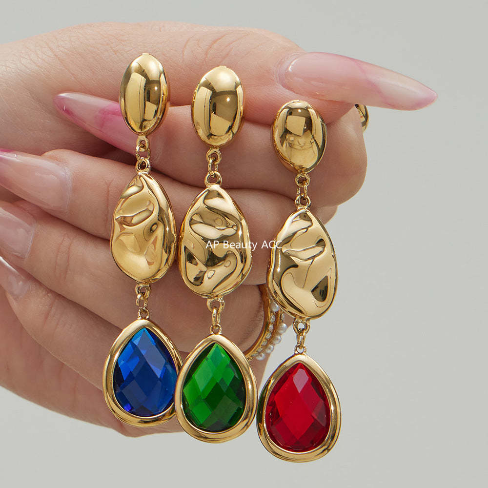 B廠-不鏽鋼空心水滴切面玻璃石耳環歐美小眾時尚高質感耳飾鍍18k真金「F764」25.12-1