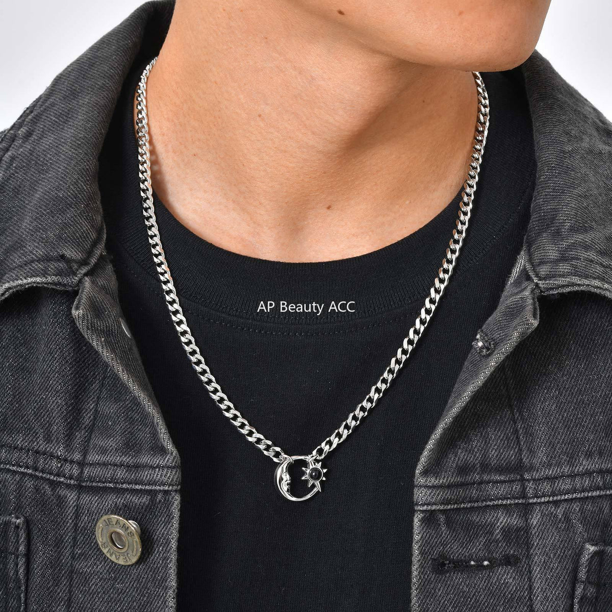 G廠-不鏽鋼六面磨鏈星月項鍊太陽星星月亮蛋白石吊墜項鍊鋼色「NC-2407」25.12-2