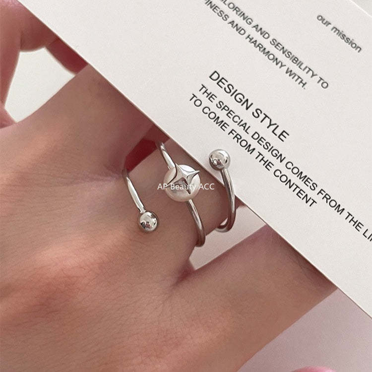 C廠-法式氣質名媛高級感珍珠戒指女百搭純銀疊戴風旋轉四芒星食指戒「JZ-0715」25.10-5