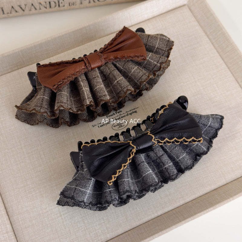 E廠-復古格紋學院風可露麗香蕉夾後腦勺蝴蝶結髮夾髮卡竪式高馬尾髮飾「27719」25.11-4