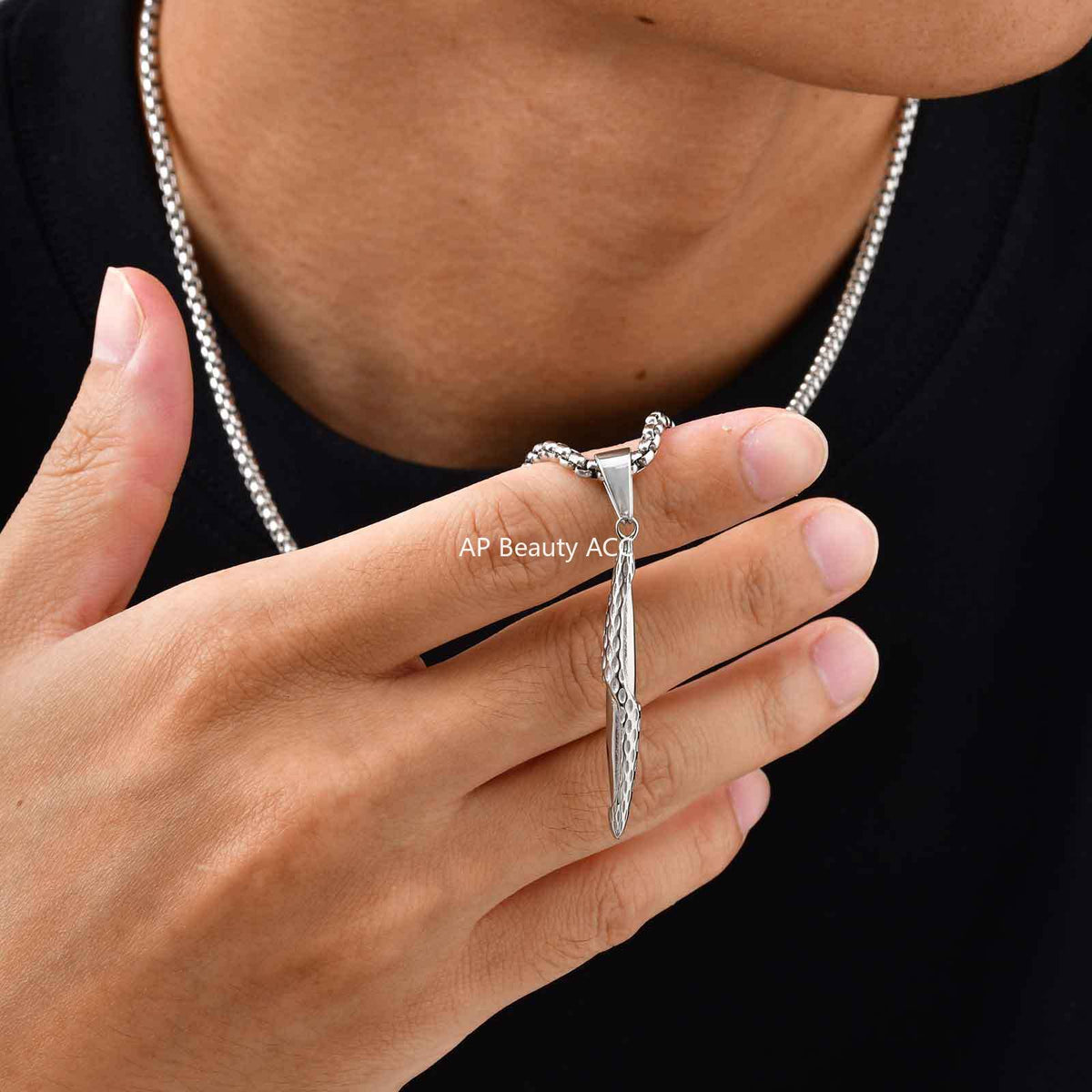 G廠-不鏽鋼跨境錘紋長條吊墜黑色時尚嘻哈風小眾個性飾品「PN-2217」25.11-1