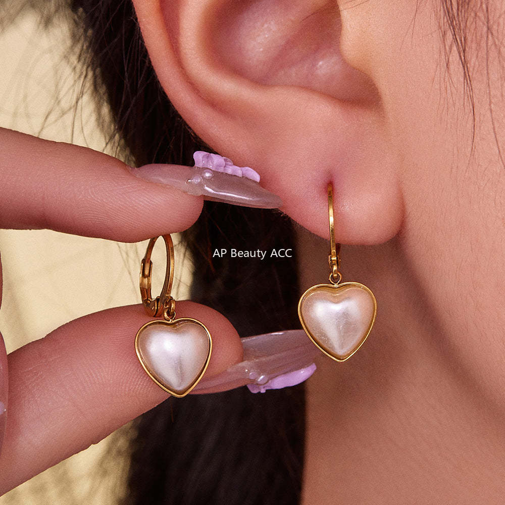 B廠-跨境新款飾品不鏽鋼愛心貝珠吊墜耳環鍍18k真金耳飾不掉色「F017」25.10-5