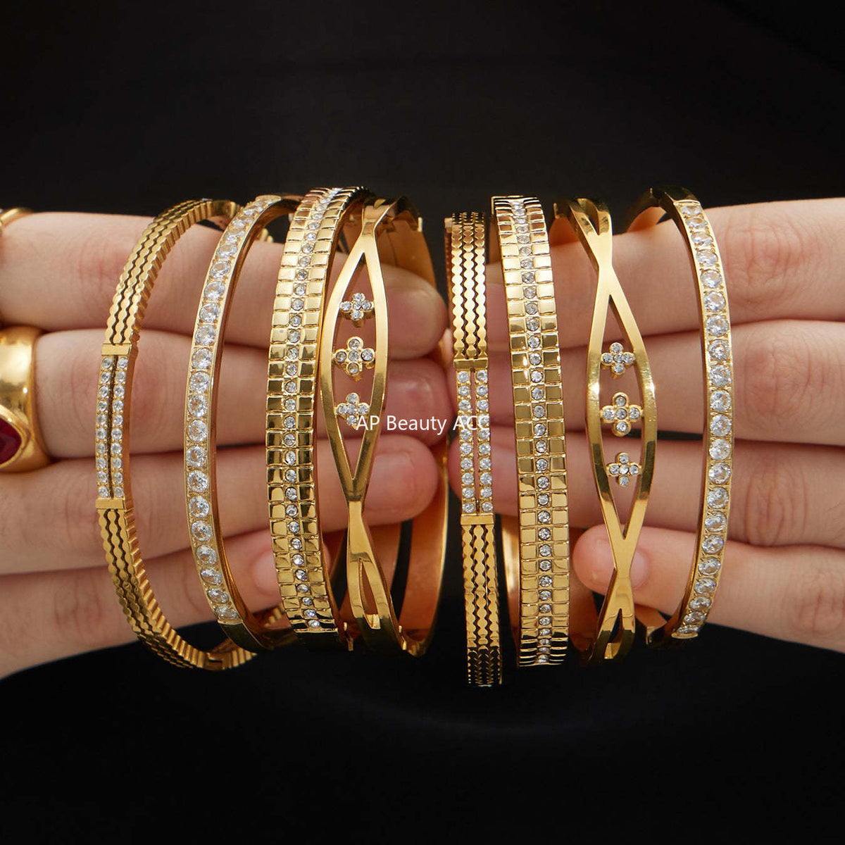 B廠-不鏽鋼單排鑽鋯石卡扣手鐲組合歐美時尚潮酷手飾品鍍18k金不掉色「Z512-15」25.12-2