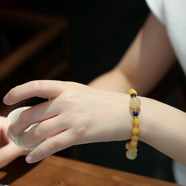 AS廠-翡亦天然新疆金絲玉黃色手鍊閨蜜禮物小葫蘆流蘇女款圓珠玉石手鍊「SL89-C-6」25.04-1