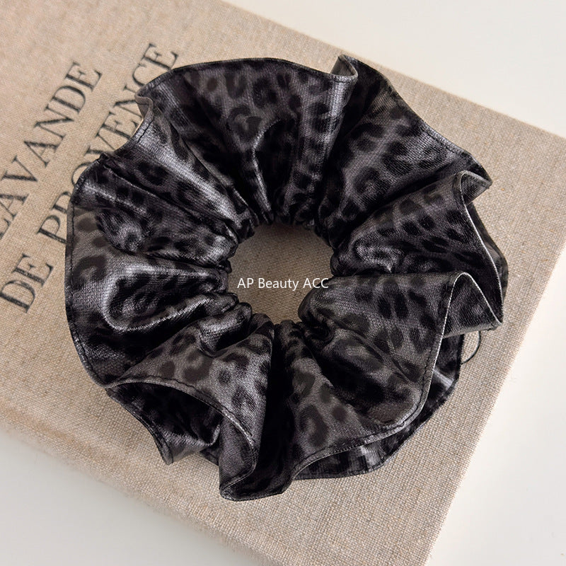E廠-韓系咖色豹紋皮質大腸髮圈女高級感丸子頭超大號復古百搭髮飾頭繩「27657」25.11-2