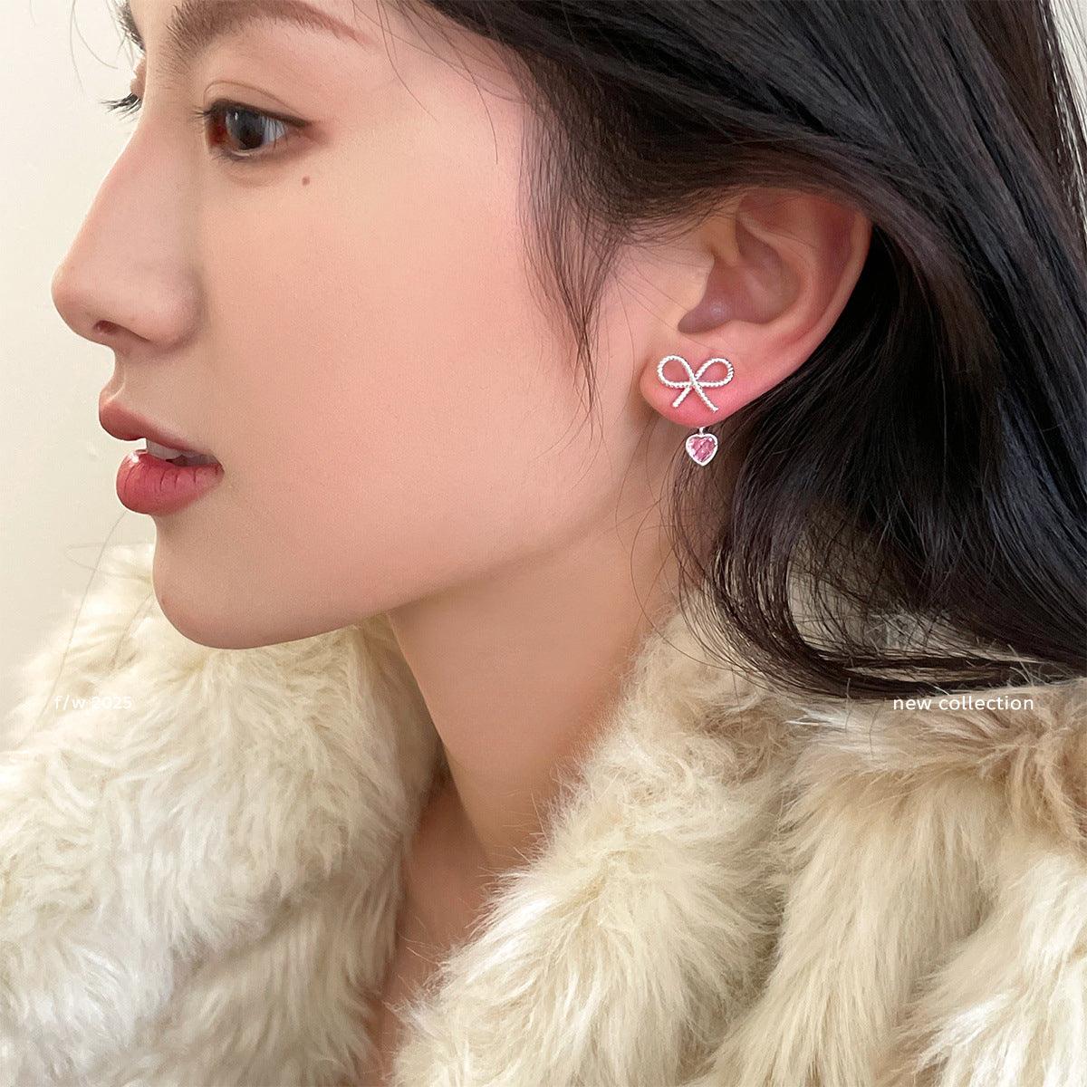 C廠-輕奢甜美粉色愛心鋯石耳釘女森系百搭高級感蝴蝶結銀針耳環耳飾「EH-3430」25.04-1