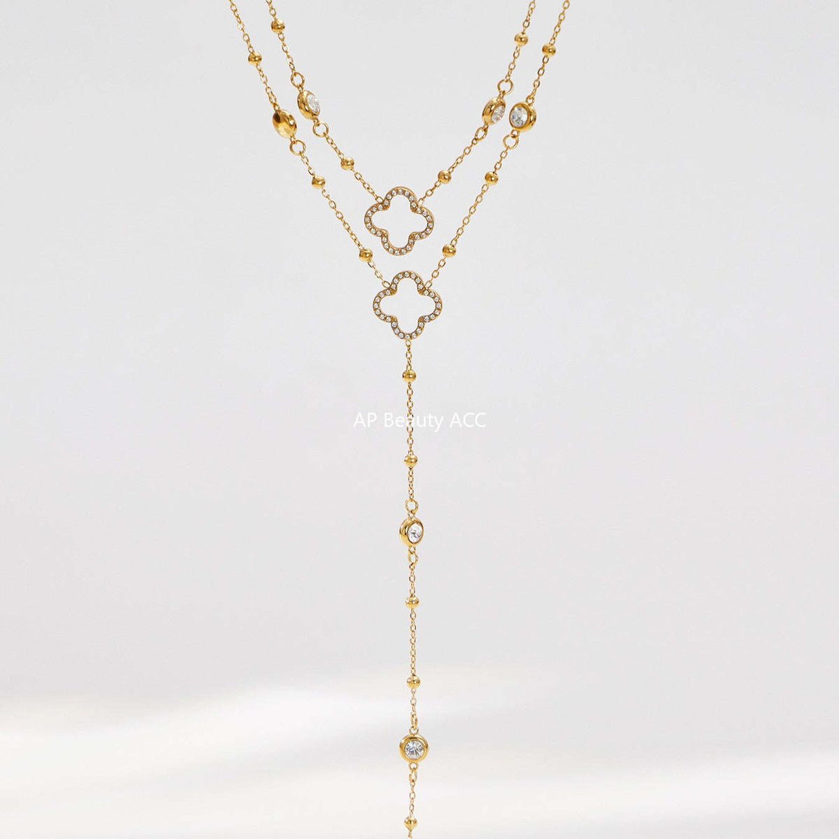 B廠-不鏽鋼5A鋯石Y字花朵流蘇項鍊鍍18k真金歐美時尚簡約輕奢珠寶首飾「P664」25.12-3