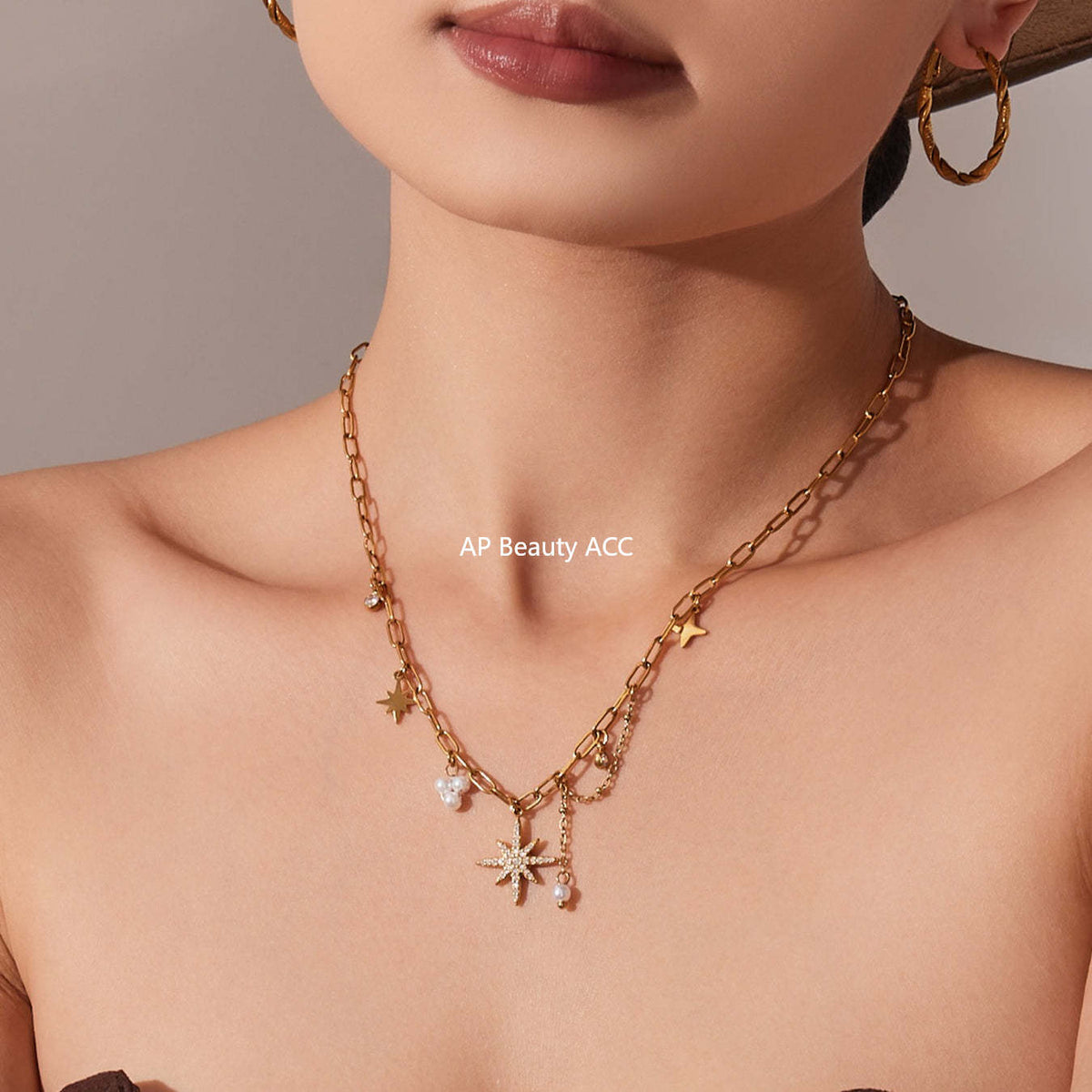 B廠-超閃八芒星5A鋯石吊墜手工鏈鎖骨項鍊不鏽鋼鍍18k真金飾品「P1154」25.11-4