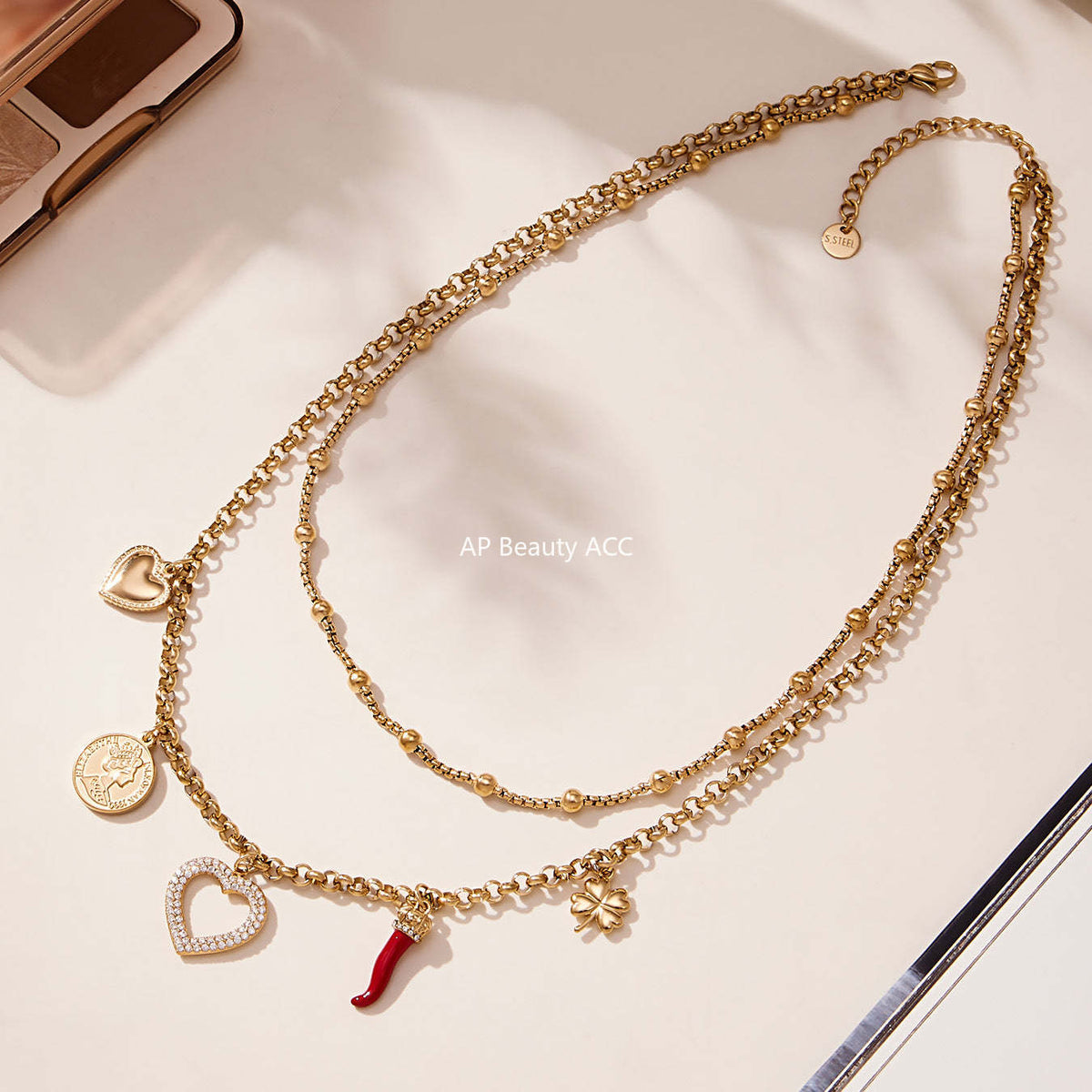 B廠-不鏽鋼雙層疊戴項鍊 ins愛心鋯石多吊墜歐美百搭輕奢鎖骨鏈「P170」25.11-3