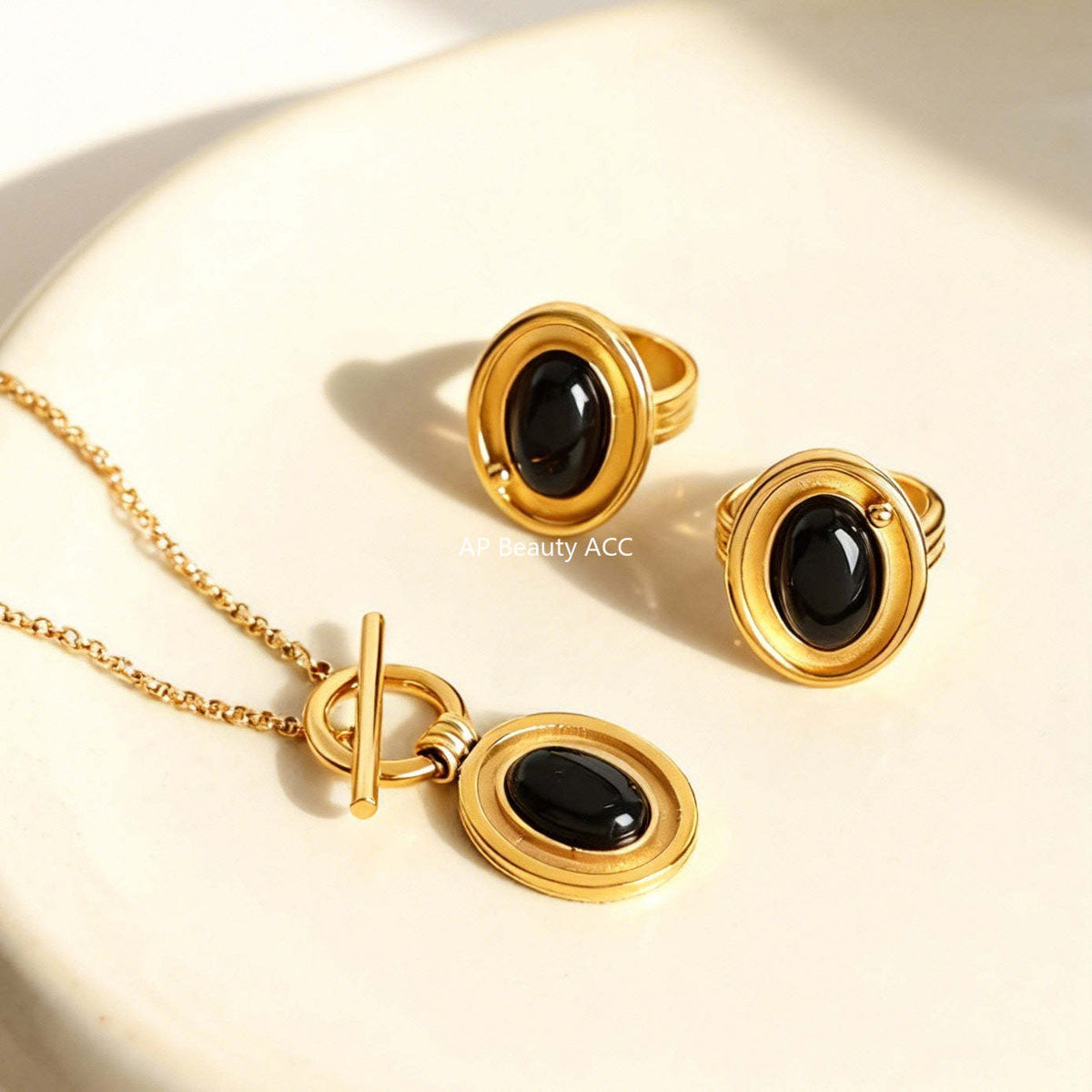 B廠-不鏽鋼天然瑪瑙吊墜OT扣項鍊個性優雅氣質戒指套裝鍍18k金不掉色「P1889」25.12-2