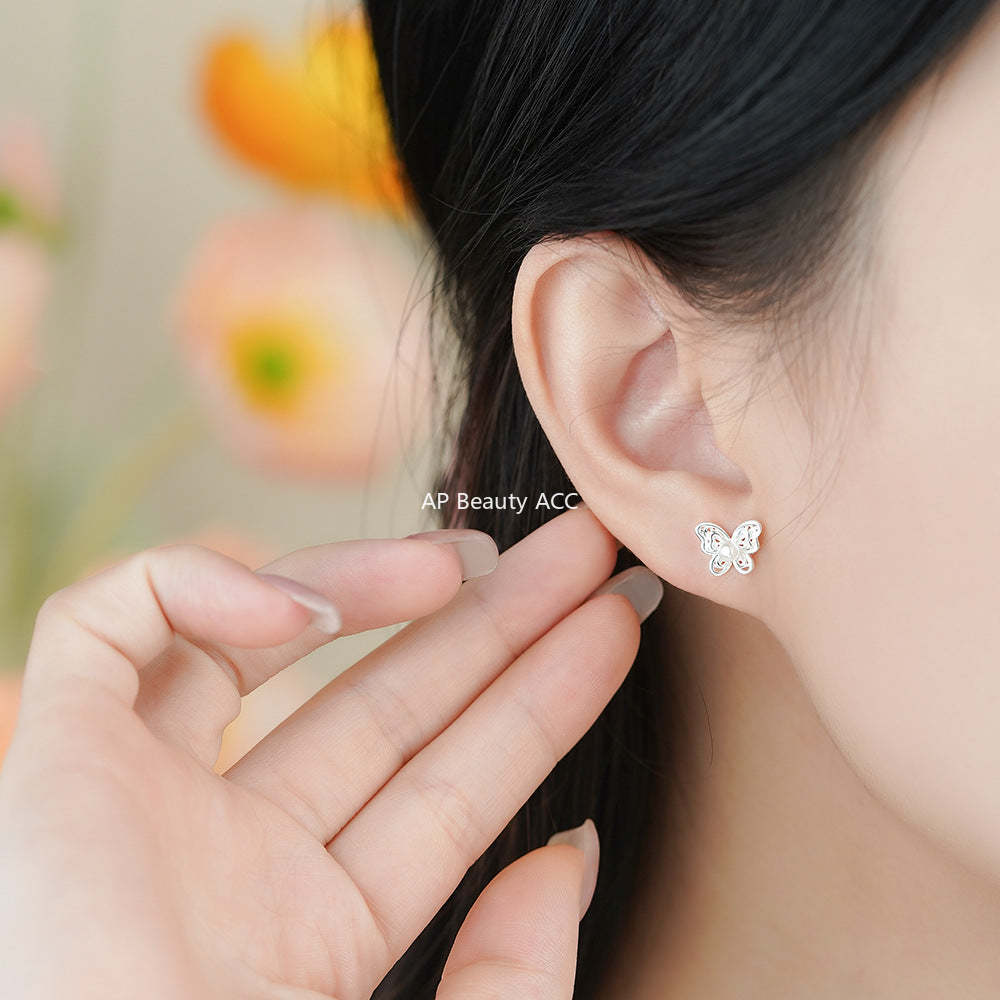 D廠-足銀S999蝴蝶珍珠螺絲耳環精緻韓版個性溫柔森系設計感耳飾「YC6253E_1」25.12-1
