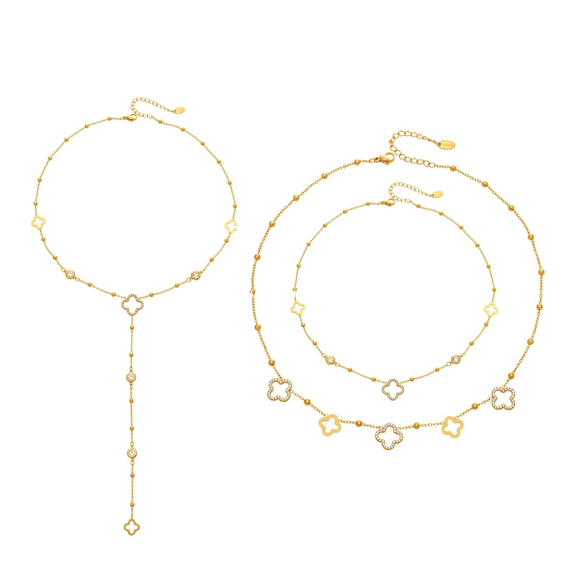 B廠-不鏽鋼5A鋯石Y字花朵流蘇項鍊鍍18k真金歐美時尚簡約輕奢珠寶首飾「P664」25.12-3