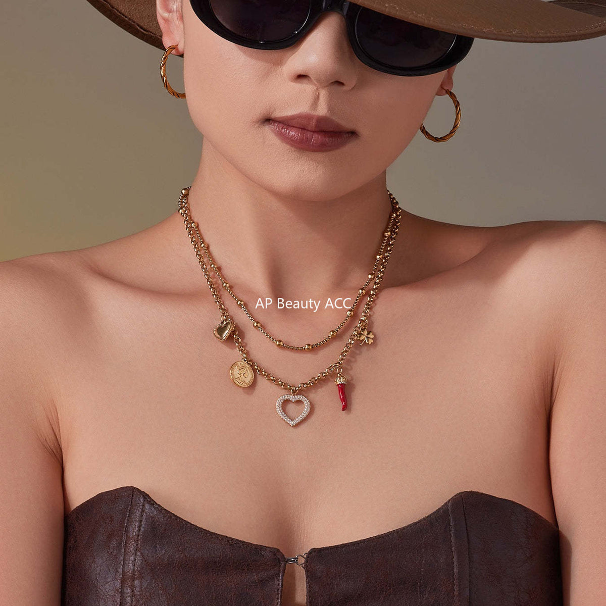 B廠-不鏽鋼雙層疊戴項鍊 ins愛心鋯石多吊墜歐美百搭輕奢鎖骨鏈「P170」25.11-3