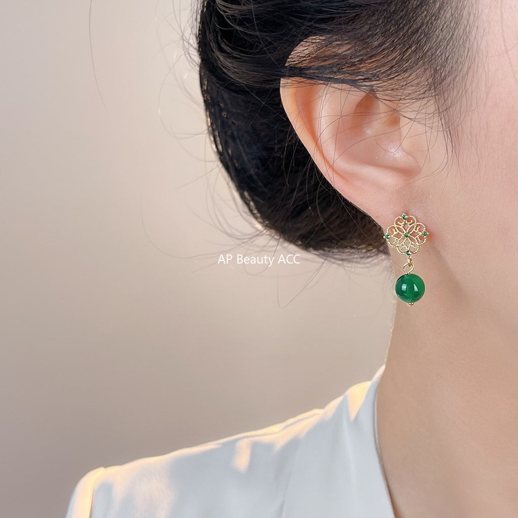 A廠-新中式微鑲鋯石綠瑪瑙鏤空蕾絲新款手工耳飾工廠耳環批發「7068」25.11-2