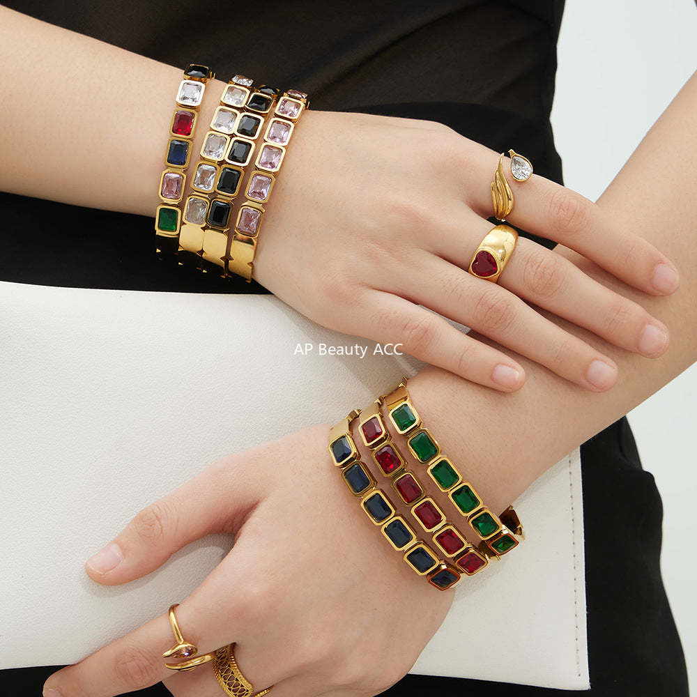 B廠-不鏽鋼方形彩色玻璃石手鐲ins小眾設計歐美潮酷飾品鍍18k金不掉色「Z518」25.12-2