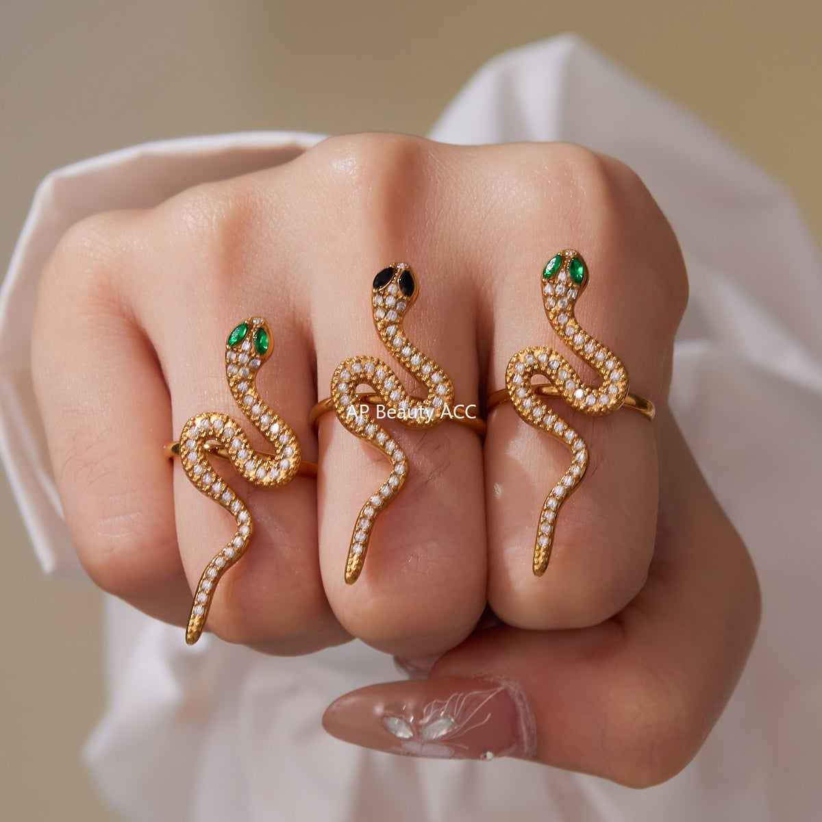 B廠-精緻5A鋯石蛇形滿鑽不鏽鋼戒指耳環首飾套裝鍍18k金跨境飾「TXF412」25.10-1