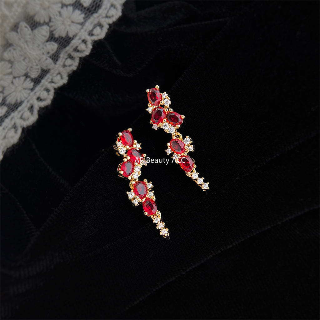 A廠-鑲嵌鋯石長款小流蘇酒紅色新款麥穗耳飾925銀針工廠直營耳環 飾品「7196」25.12-1