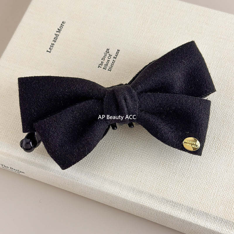 E廠-韓國秋冬高級感雙面呢子蝴蝶結香蕉夾韓系金標竪夾馬尾髮夾髮飾「27639」25.11-1