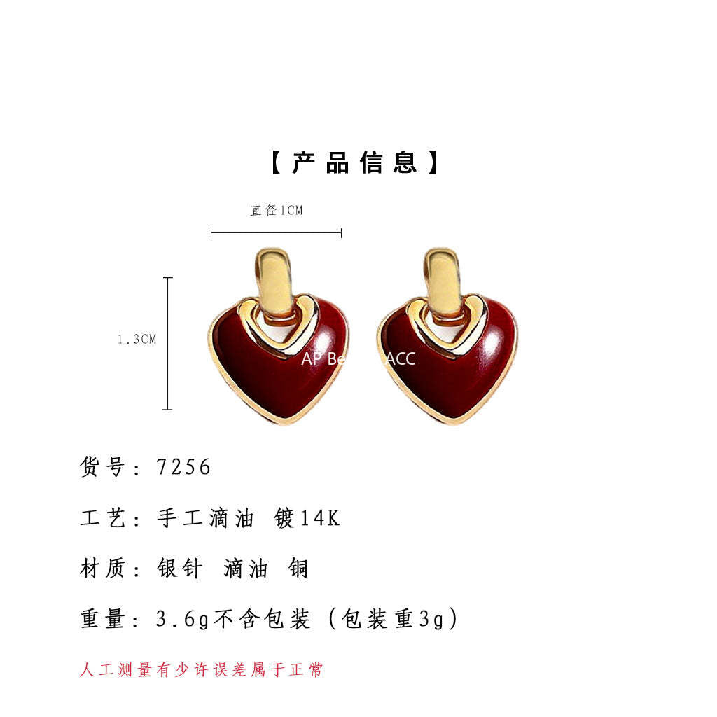 A廠-時尚高級感文藝復古925銀針琺瑯滴釉愛心耳飾港風耳釘 飾品「7256-7257」25.12-3