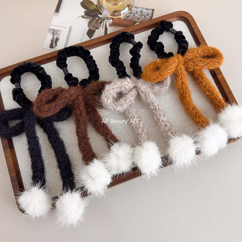 E廠-秋冬日系甜美毛線蝴蝶結髮圈少女白色毛球飾品可愛髮繩扎頭髮皮筋「26334」25.11-3