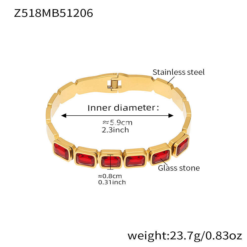 B廠-不鏽鋼方形彩色玻璃石手鐲ins小眾設計歐美潮酷飾品鍍18k金不掉色「Z518」25.12-2