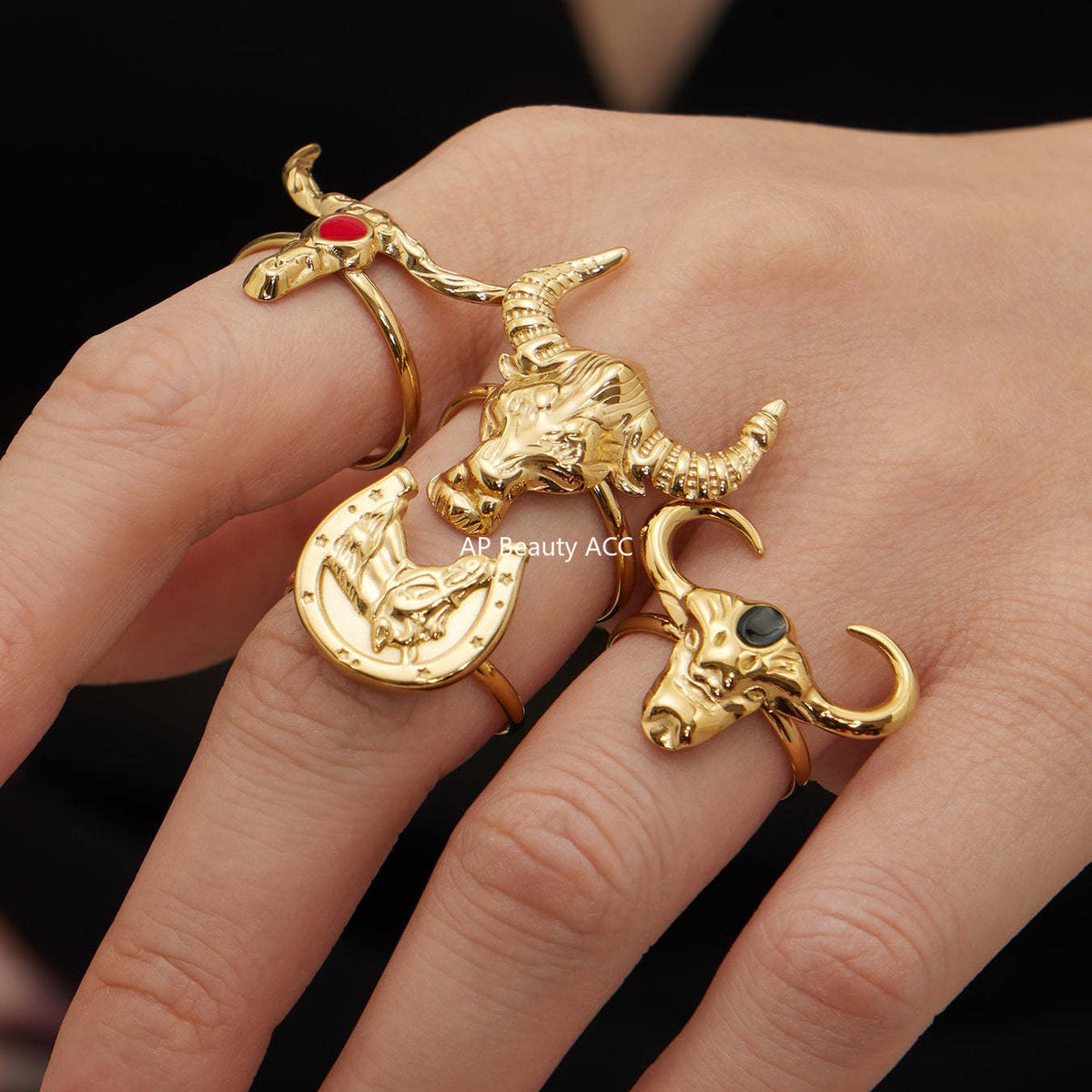 B廠-不鏽鋼牛頭馬滴油開口可調節戒指鍍18k真金歐美時尚百搭朋克指環「A668-A689-A670」25.12-3