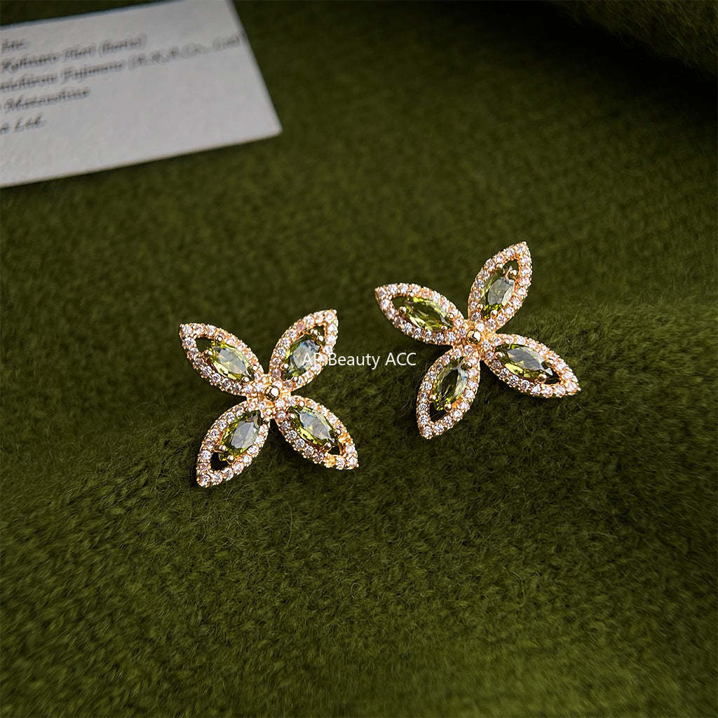 A廠-時尚高級感微鑲鋯石 925銀針幾何花朵新款耳環輕奢風橄欖綠耳環女「7194」25.12-1