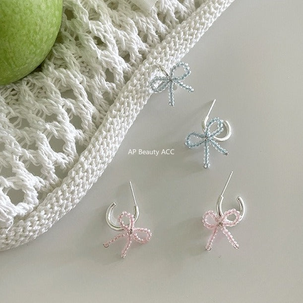 C廠-甜美小香風串珠蝴蝶結耳釘女絕美百搭高級感耳環韓系輕奢氣質耳飾「EH-4125」25.11-1