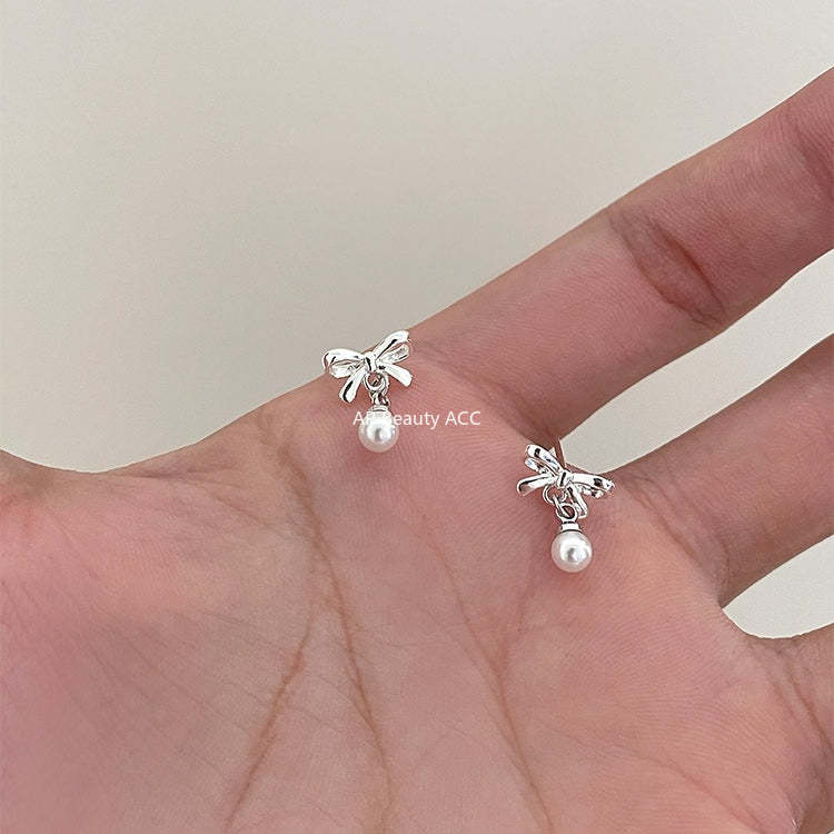 C廠-簡約小巧蝴蝶結耳釘女設計感高級百搭銀針耳環甜美小香風珍珠耳飾「EH-4319」25.12-3