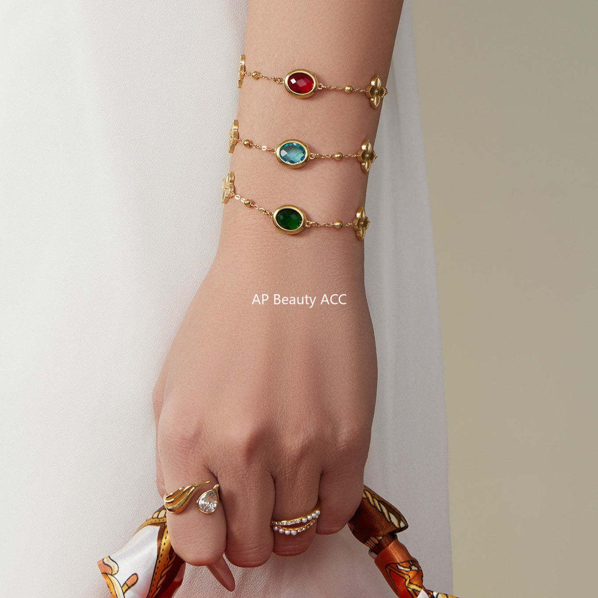 B廠-不鏽鋼十字夾珠鏈橢圓包邊切面玻璃石項鍊耳環首飾套裝鍍18k真金「TXP506」25.12-1