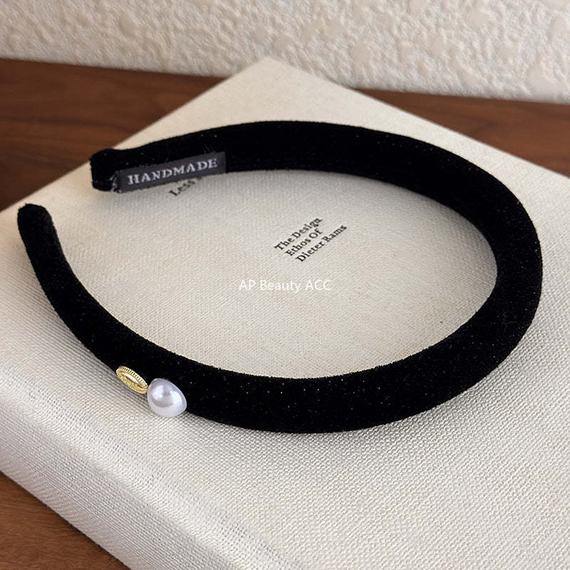 E廠-復古港風絲絨頭箍喜慶紅色絨面珍珠銘牌寬窄髮箍新款新年時尚髮卡「27822」25.12-3