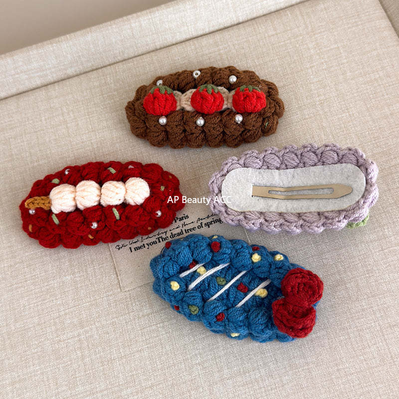 E廠-秋冬手工鈎針毛線水果髮夾女款2025新款前額bb夾側邊夾碎髮瀏海夾「27629」25.11-1