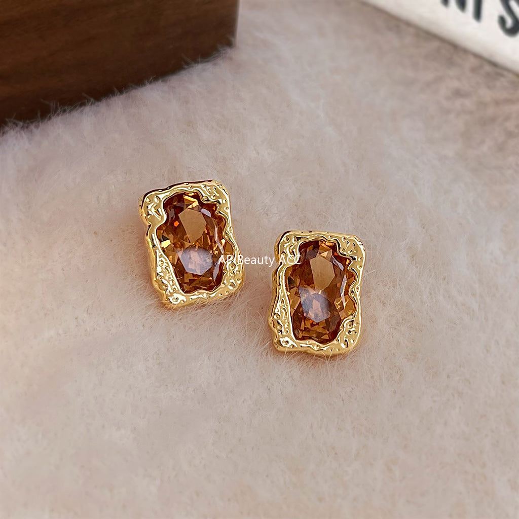 A廠-秋冬色系淺咖香檳色液態高級感925銀針幾何長方形工廠耳飾 耳環女「7074」25.11-2