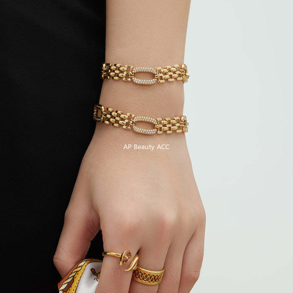 B廠-不鏽鋼超閃5A鋯石手錶鏈手鍊鍍18k真金歐美跨境簡約時尚情侶首飾「E301」25.12-3