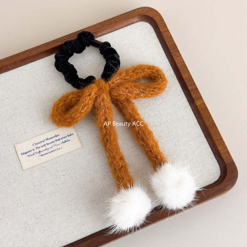 E廠-秋冬日系甜美毛線蝴蝶結髮圈少女白色毛球飾品可愛髮繩扎頭髮皮筋「26334」25.11-3