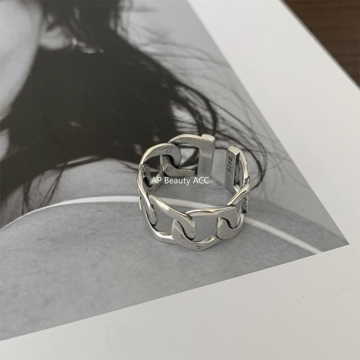 F廠-韓國韓版S925純銀簡約 個性復古泰銀 寬鎖鏈方條開口戒指指環「J549」25.12-2