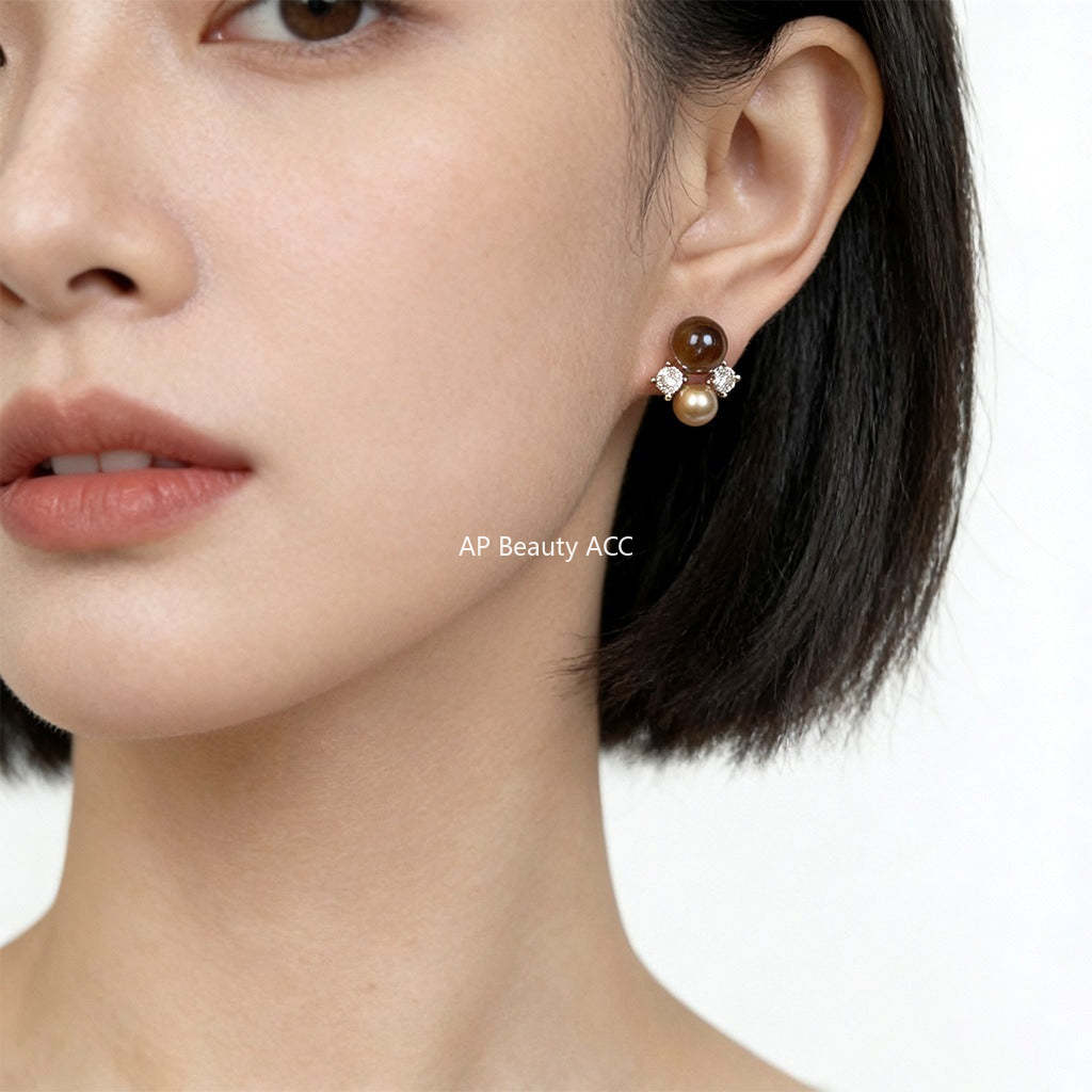 A廠-美拉德風 文藝復古天然石虎眼石925銀針鋯石幾何耳環新耳飾「7233」25.12-2