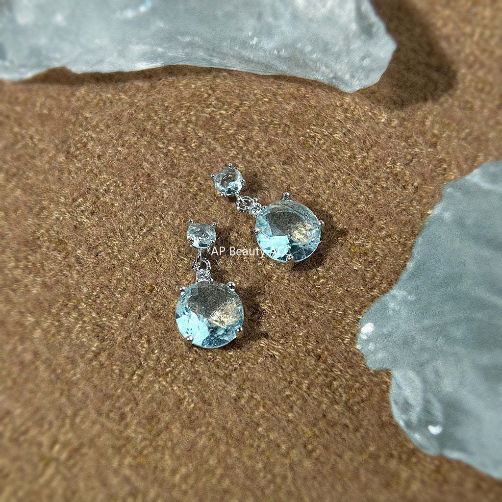 A廠-海藍色時尚高級感清新甜美鋯石耳環幾何簡約通勤飾品工廠耳飾「7053」25.11-4