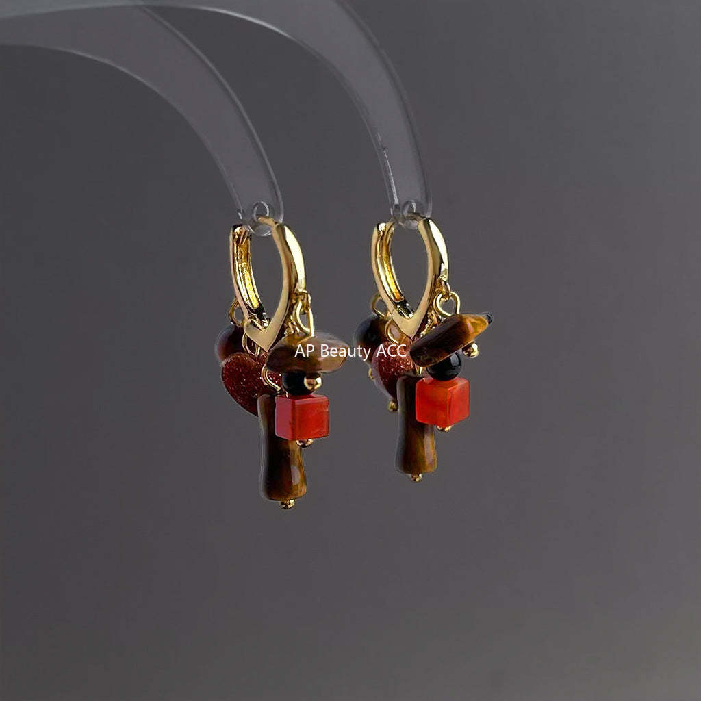 A廠-文藝復古民族風天然石虎眼石手工設計感愛心流蘇新款耳飾工廠耳環「7178」25.12-3