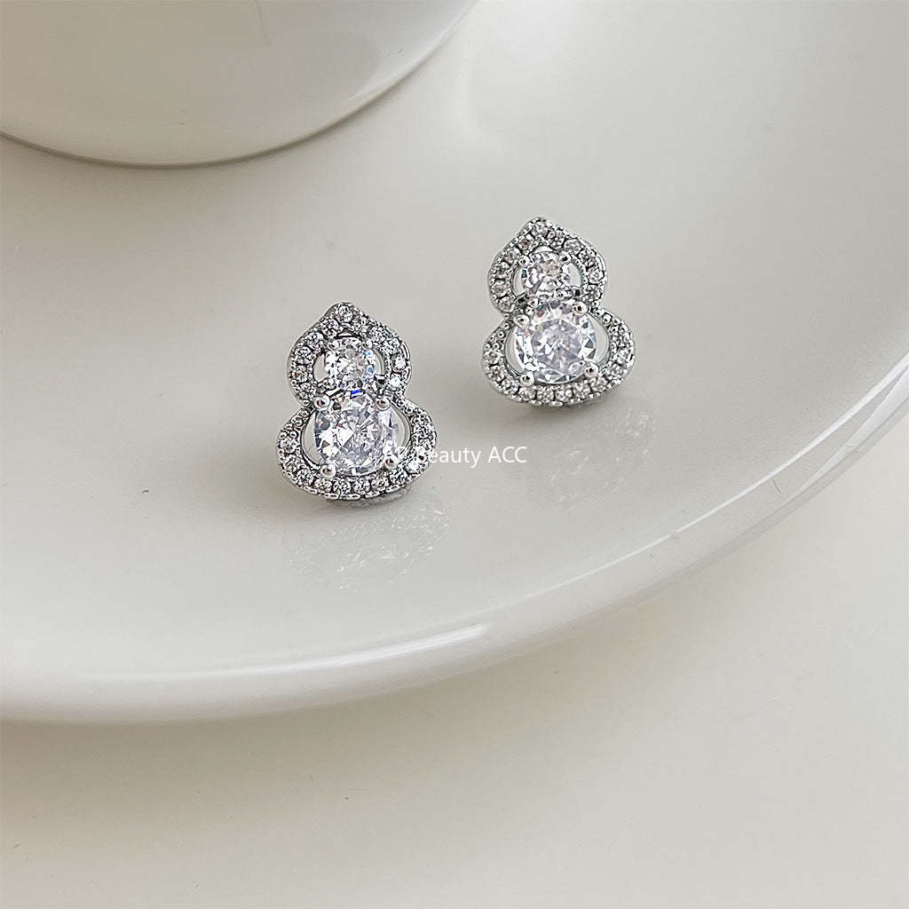 A廠-小眾設計微鑲鋯石葫蘆 925銀針耳環氣質簡約時尚通勤個性百搭耳飾「7199」25.12-1